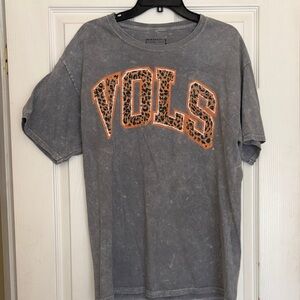 Grey 'VOLS' Graphic Tee with Leopard Orange Letters, Large